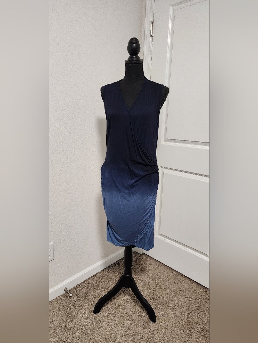 Sleeveless Navy Ombre V-Neck Wrap Midi Dress